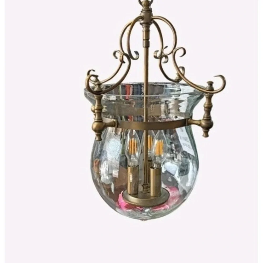 Brass French Bell Vintage Three Bulb Pendulum Chandelier Light